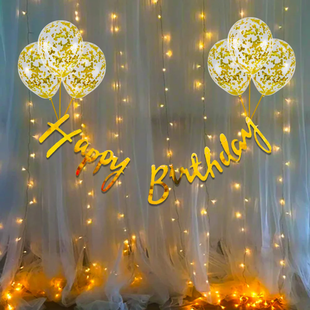 Golden Theme Birthday Decoration Kit – Banner, Balloons & LED Light
